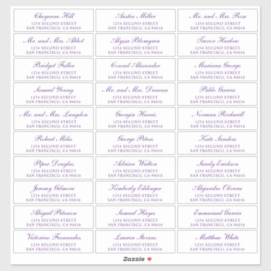 Paarse Manuscript Elegant Wedding Guest Adresetike Sticker (Vel)