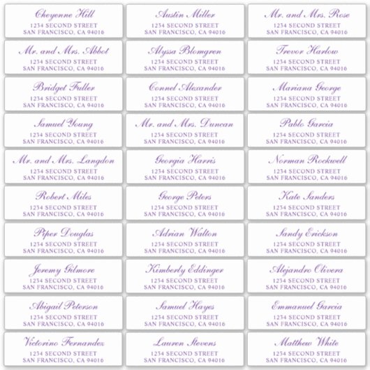 Paarse Manuscript Elegant Wedding Guest Adresetike Sticker (Voorkant)