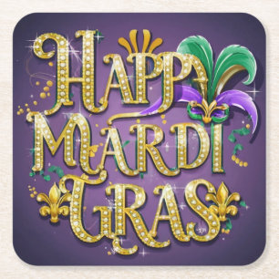 Paarse Mardi Gras "Happy Mardi Gras" Kartonnen Onderzetters