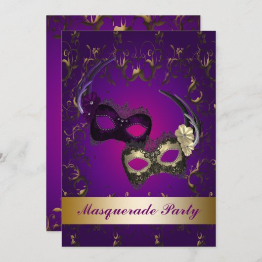 Paarse Mardi Gras Mask Masquerade Uitnodiging (Voorkant / Achterkant)