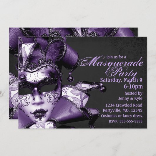 Paarse Mardi Gras Masquerade Kaart (Voorkant / Achterkant)