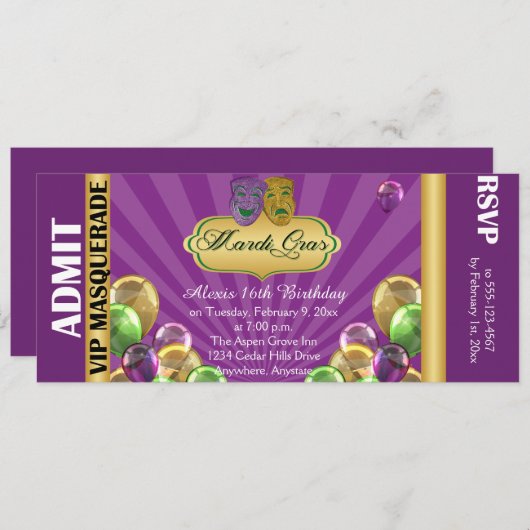 Paarse Mardi Gras Party Ticket Uitnodiging (Voorkant / Achterkant)