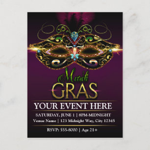 Paarse MARDI GRAS Promotionele Feest Ansichtkaart Uitnodiging Briefkaart
