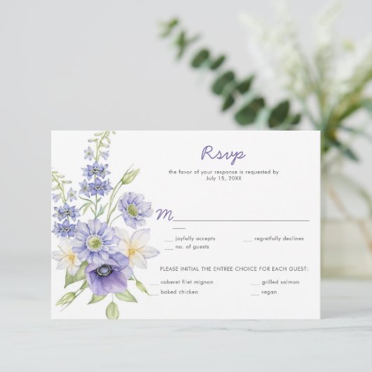 Paarse Margrieten, Anemonen, Rozen RSVP Kaartje (Staand voorkant)