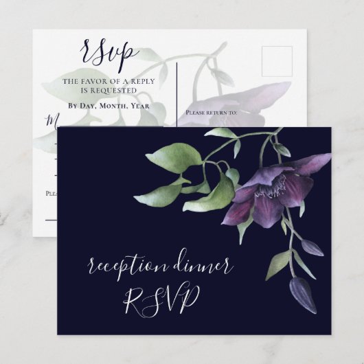 Paarse marine Blue Floral Dark Reception Dinner RS Uitnodiging Briefkaart (Voorkant / Achterkant)