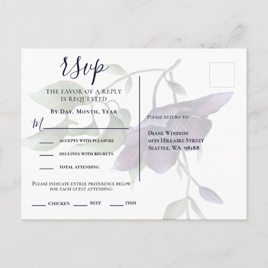 Paarse marine Blue Floral Dark Reception Dinner RS Uitnodiging Briefkaart (Achterkant)
