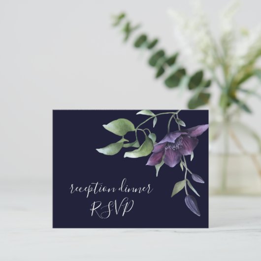 Paarse marine Blue Floral Dark Reception Dinner RS Uitnodiging Briefkaart (Staand voorkant)