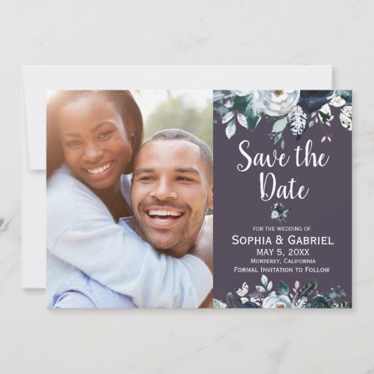 Paarse marine Boho Floral Wedding Save the Date (Voorkant)