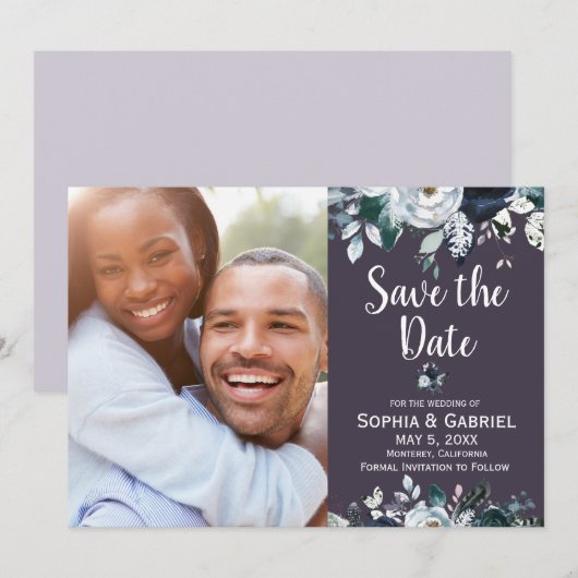 Paarse marine Boho Floral Wedding Save the Date (Voorkant / Achterkant)
