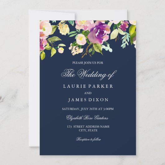 Paarse marine Floral Elegant Wedding Invitation Kaart (Voorkant)