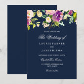 Paarse marine Floral Elegant Wedding Invitation Kaart (Voorkant / Achterkant)