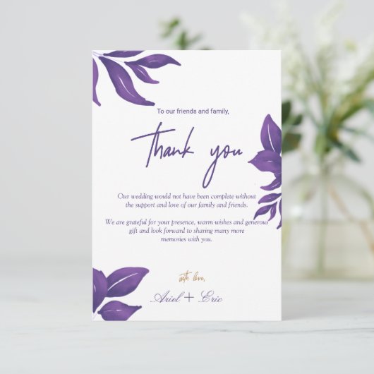 Paarse marmer en gouden eucalyptus Elegant Wedding Bedankkaart (Staand voorkant)