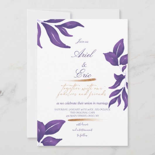 Paarse marmer en gouden eucalyptus Elegant Wedding Kaart (Achterkant)