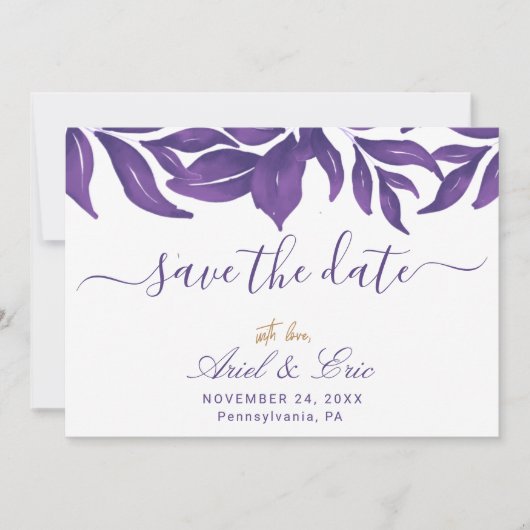Paarse marmer en gouden eucalyptus Elegant Wedding Save The Date (Voorkant)