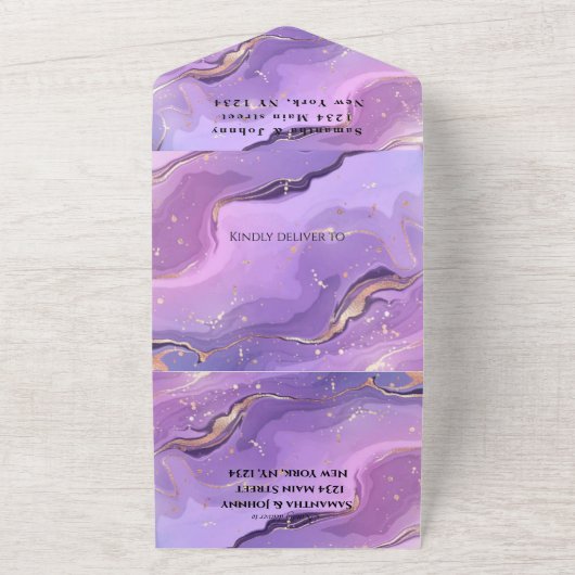 Paarse marmer Gold Agate Weddenschap All In One Uitnodiging (Buitenkant)