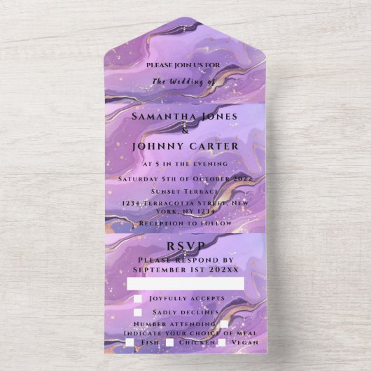 Paarse marmer Gold Agate Weddenschap All In One Uitnodiging (Binnen)