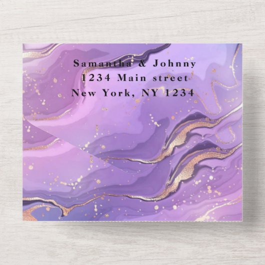 Paarse marmer Gold Agate Weddenschap All In One Uitnodiging (Achterkant)