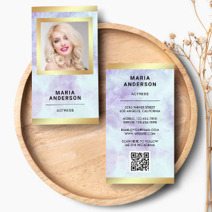 Paarse Marmer Gouden Model Actrice QR Code Foto Visitekaartje