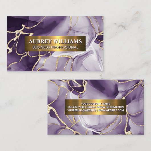 Paarse marmer Stone | Goudsparkly-vlokken Visitekaartje (Voorkant / Achterkant)