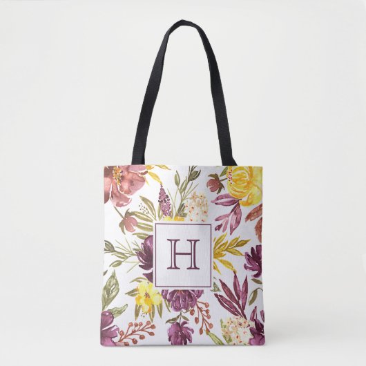 Paarse Marmeren Bloemige Waterverf Mooie Monogram Tote Bag (Voorkant)