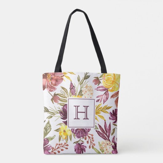 Paarse Marmeren Bloemige Waterverf Mooie Monogram Tote Bag (Achterkant)