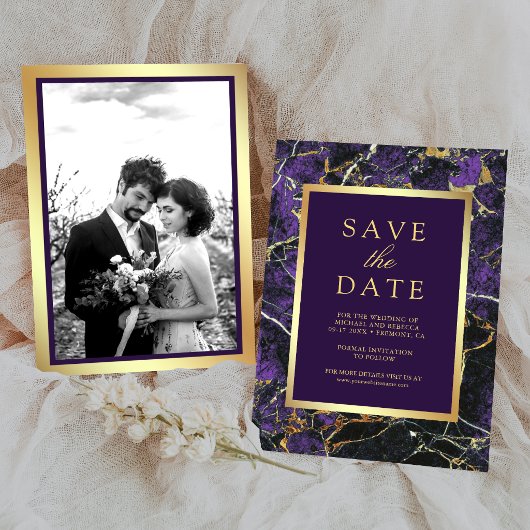 Paarse Marmeren Gouden Foto Bruiloft Save The Date
