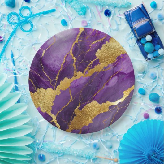 Paarse marmeren patroon met goud papieren bordje (Feest)