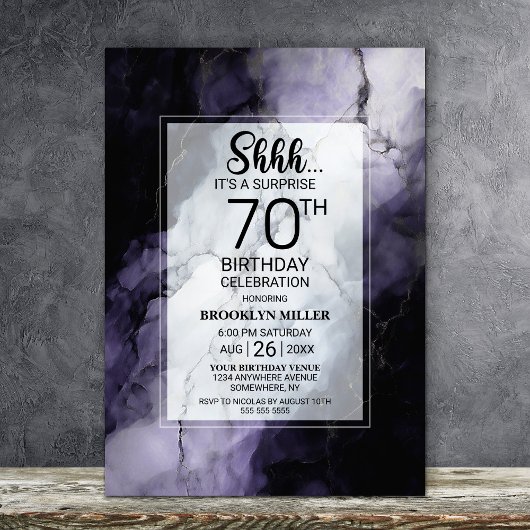 Paarse Marmeren Verrassing 70e Verjaardagsfeestje Kaart