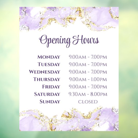 Paarse marmeringontwerp openingstijden raamkoeling raamsticker (Vel 3)