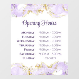 Paarse marmeringontwerp openingstijden raamkoeling raamsticker