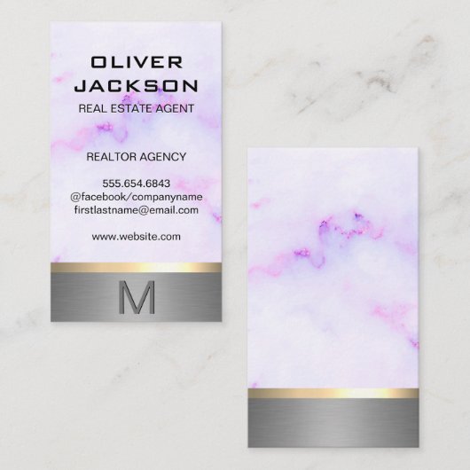 Paarse marmertextuur Silver Gold Metallic Trim Visitekaartje (Voorkant / Achterkant)