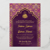 Paarse Marokkaanse Arch Moslim Bruiloft Goud Folie Uitnodiging (Voorkant)