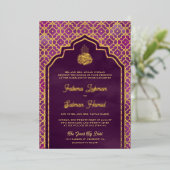 Paarse Marokkaanse Arch Moslim Bruiloft Goud Folie Uitnodiging (Staand Voorkant)