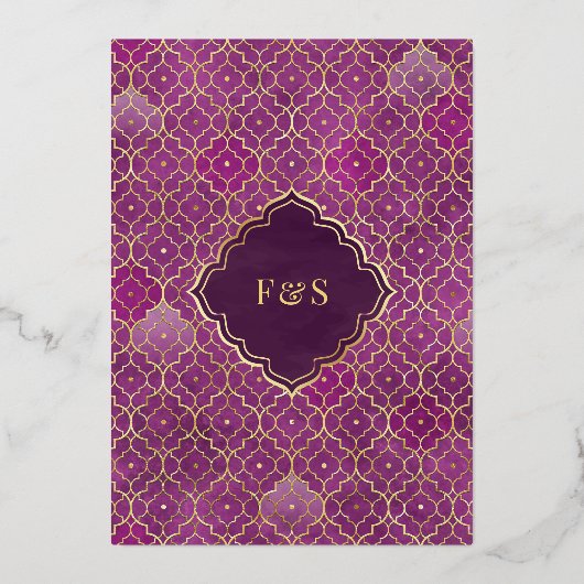 Paarse Marokkaanse Arch Moslim Bruiloft Goud Folie Uitnodiging (Achterkant)