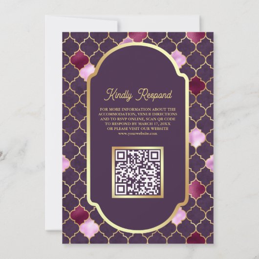 Paarse Marokkaanse Quatrefoil QR Code Moslim Bruil Kaart (Achterkant)