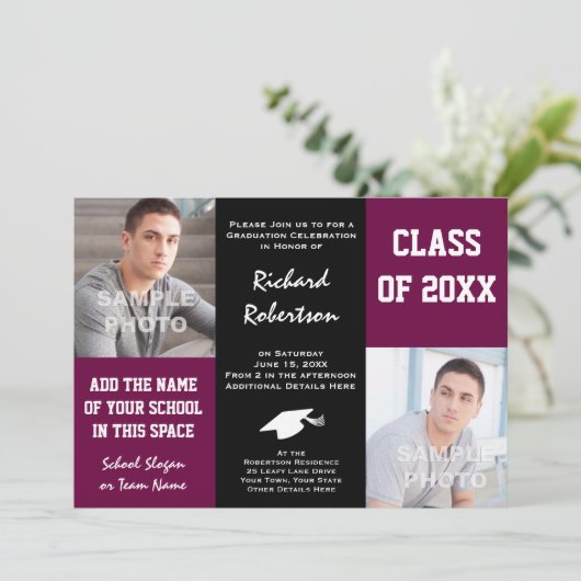 Paarse Maroon en Black Custom Atlete Afstuderen Kaart (Staand voorkant)