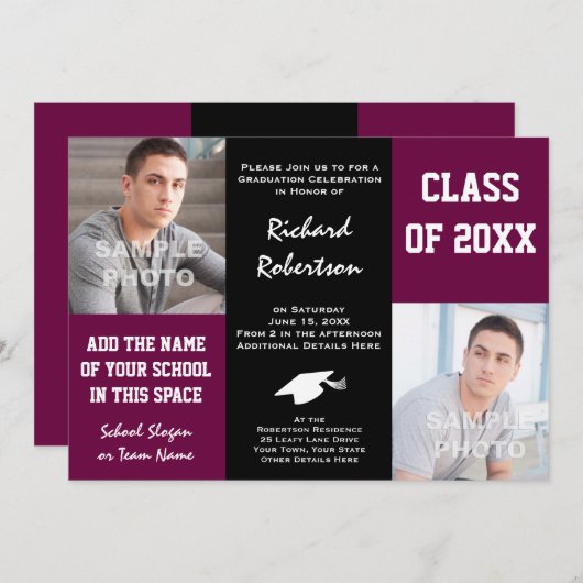 Paarse Maroon en Black Custom Atlete Afstuderen Kaart (Voorkant / Achterkant)
