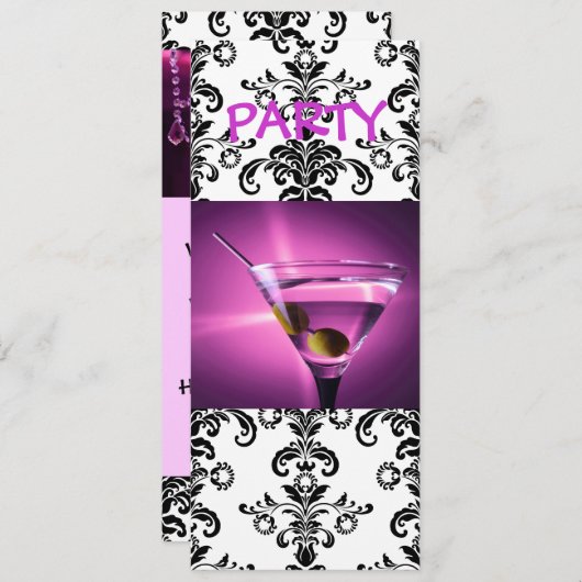 Paarse martini damask party nodigt uit kaart (Voorkant / Achterkant)