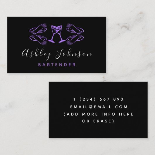 Paarse Martini Glazen Night Club Bar Bartender Visitekaartje (Voorkant / Achterkant)