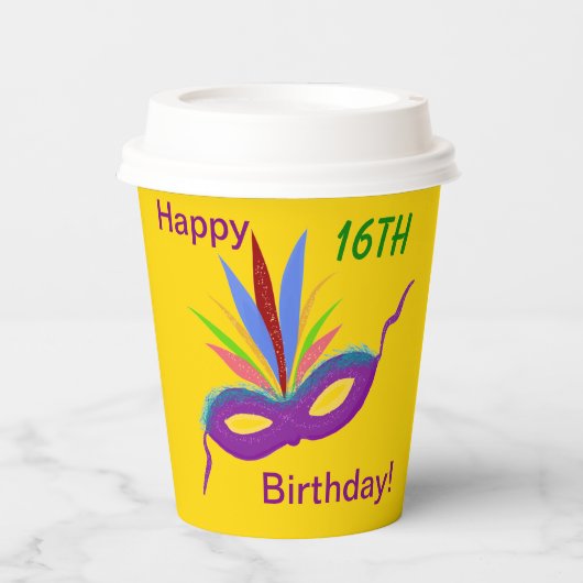 Paarse Masker 16e Verjaardagsfeestje ELKE LEEFTIJD Papieren Bekers (Voorkant)