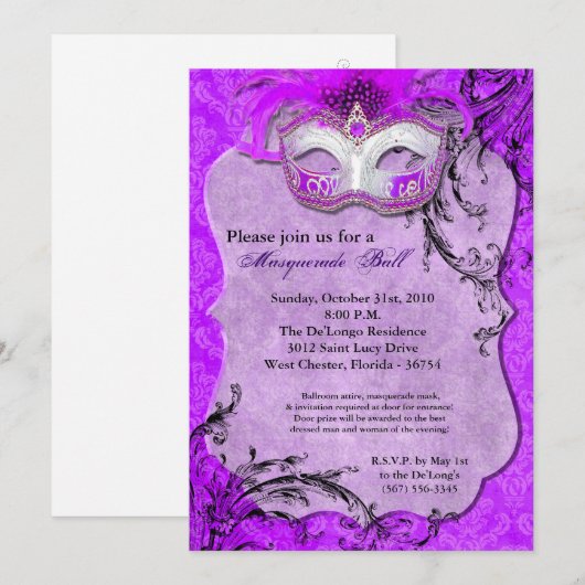 Paarse Maskerade Ball Mask Kostuum Halloween Onder Kaart (Voorkant / Achterkant)