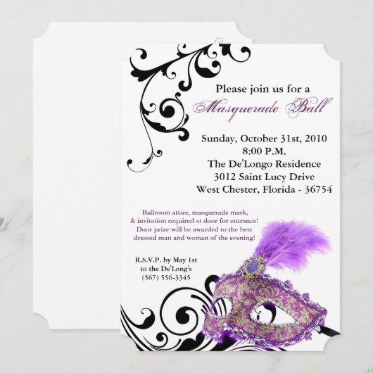 Paarse Maskerade Ball Mask Kostuum Halloween Onder Kaart (Voorkant / Achterkant)