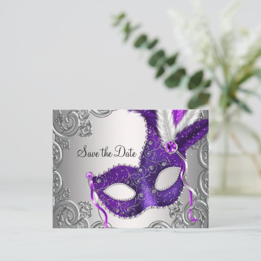 Paarse maskerade Bewaar de datum Aankondigingskaart (Staand voorkant)