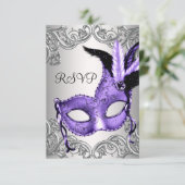 Paarse Maskerade Feest RSVP Kaartje (Staand voorkant)