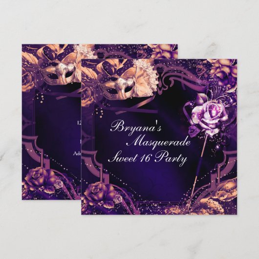 Paarse Maskerade Masker & Roos Elegante Uitnodigin Kaart (Voorkant / Achterkant)