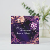 Paarse Maskerade Masker & Roos Elegante Uitnodigin Kaart (Staand voorkant)
