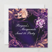 Paarse Maskerade Masker & Roos Elegante Uitnodigin Kaart (Voorkant)