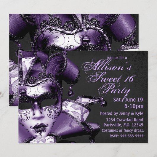 Paarse maskerade verjaardag kaart (Voorkant / Achterkant)