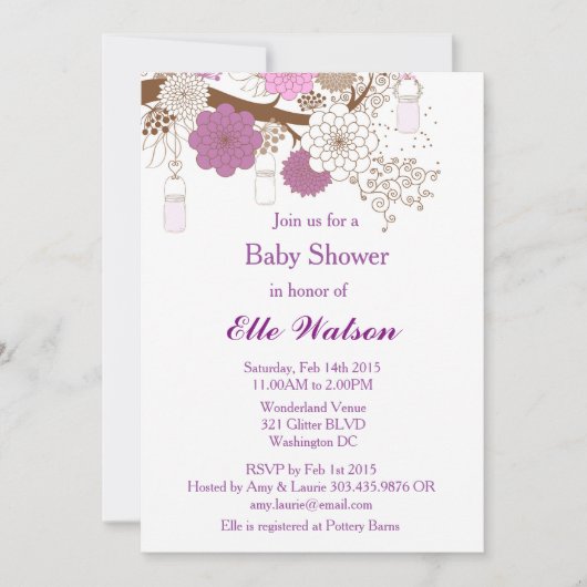 Paarse Mason Jar Baby shower, Vrijgezellenfeest no Kaart (Voorkant)