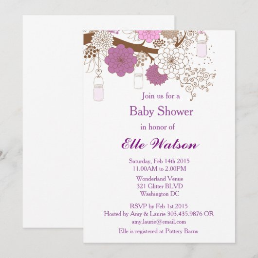 Paarse Mason Jar Baby shower, Vrijgezellenfeest no Kaart (Voorkant / Achterkant)